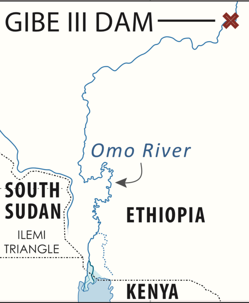 Map showing Gibe III Dam location in Ethiopia, with Omo River flowing south through Ethiopia to Kenya, near South Sudan