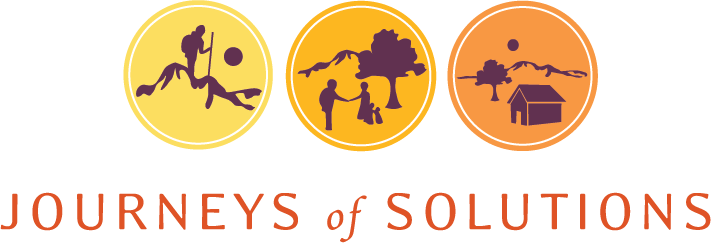 Journeys of Solutions logo with three circular icons showing a hiker, family in nature, and rural cabin with mountains